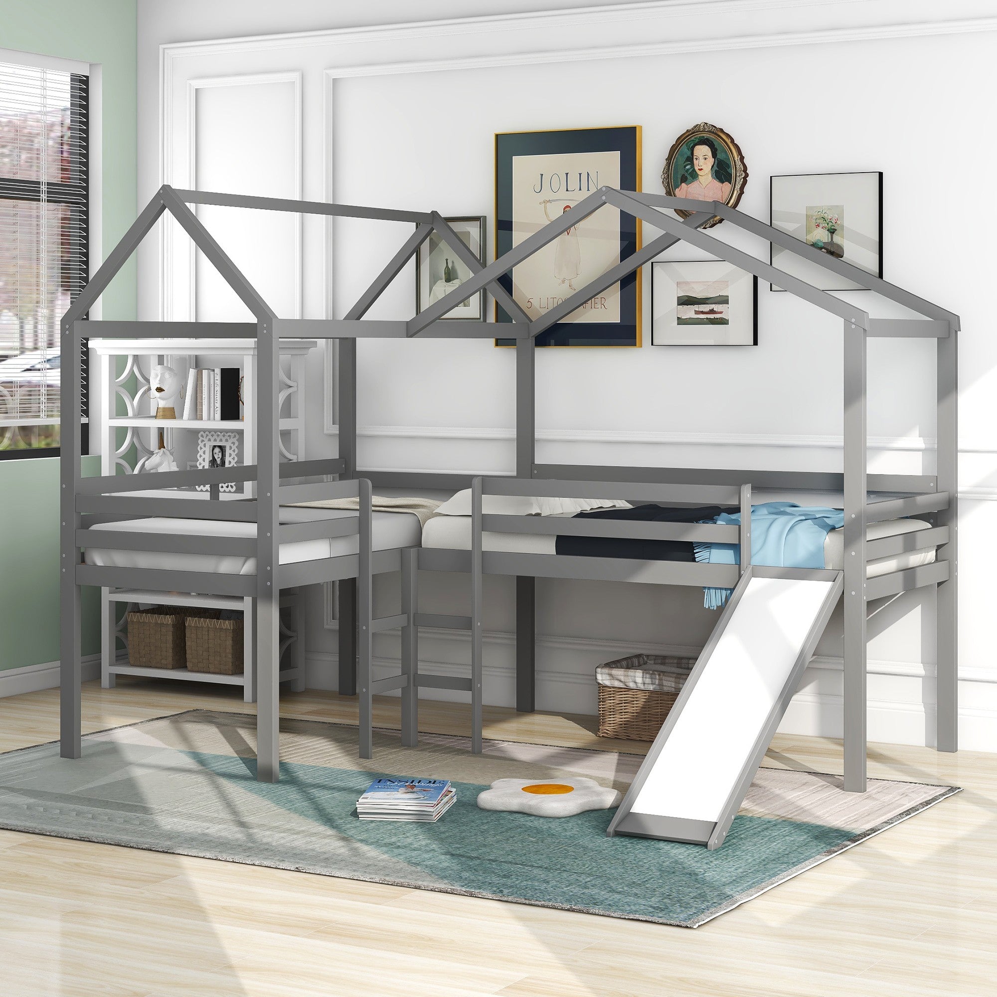 Gray L-Shaped Double Twin Size Loft Bed