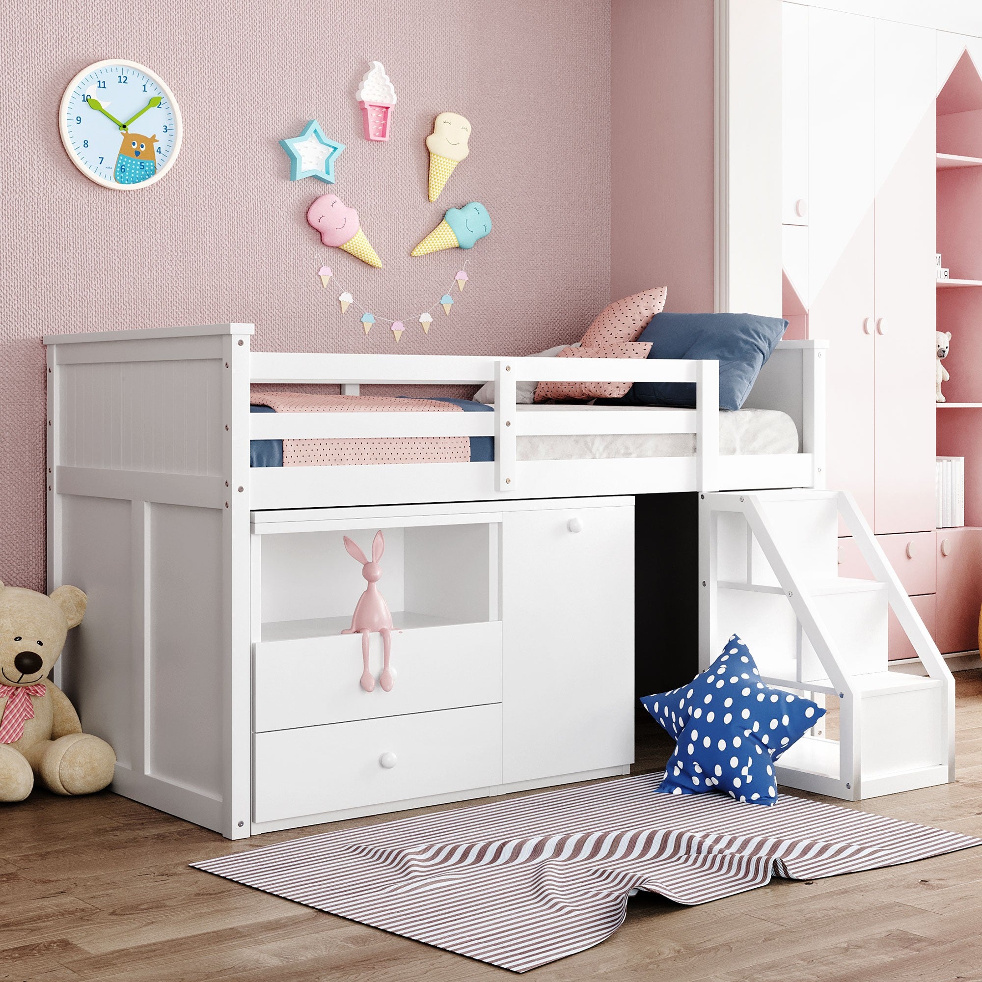 White Twin Size Low Loft Bed With Portable Desk