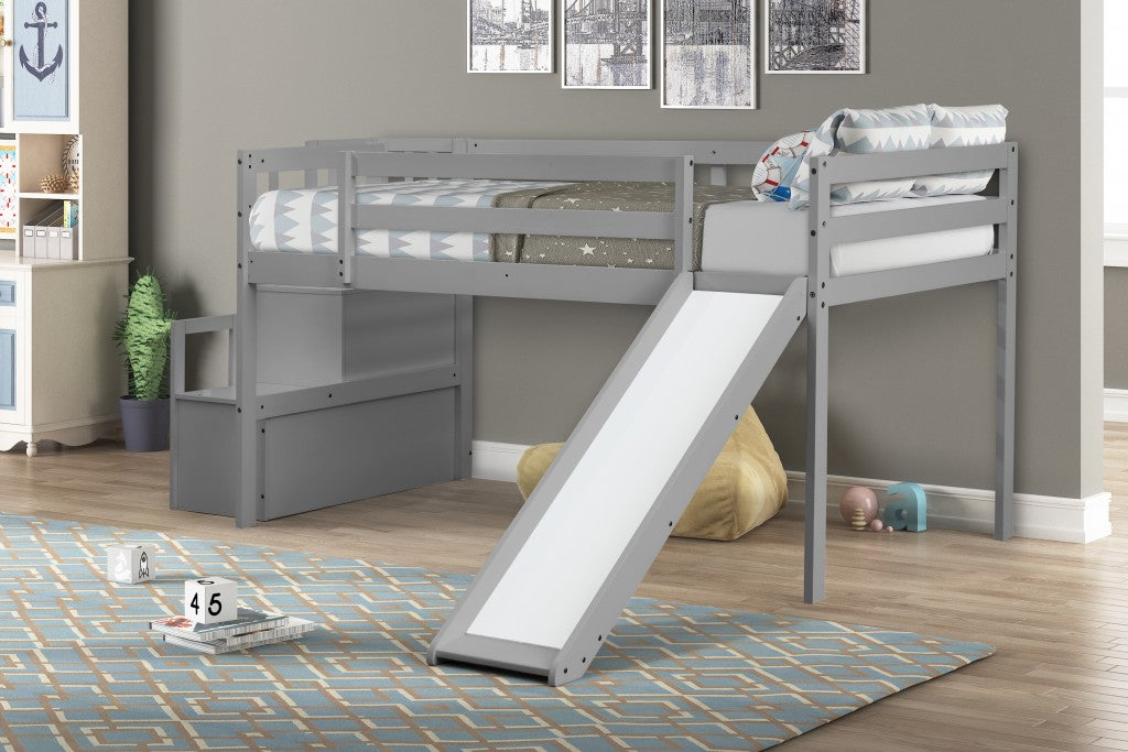 Mod Gray Low Loft Twin Bed with Stairway and Slide