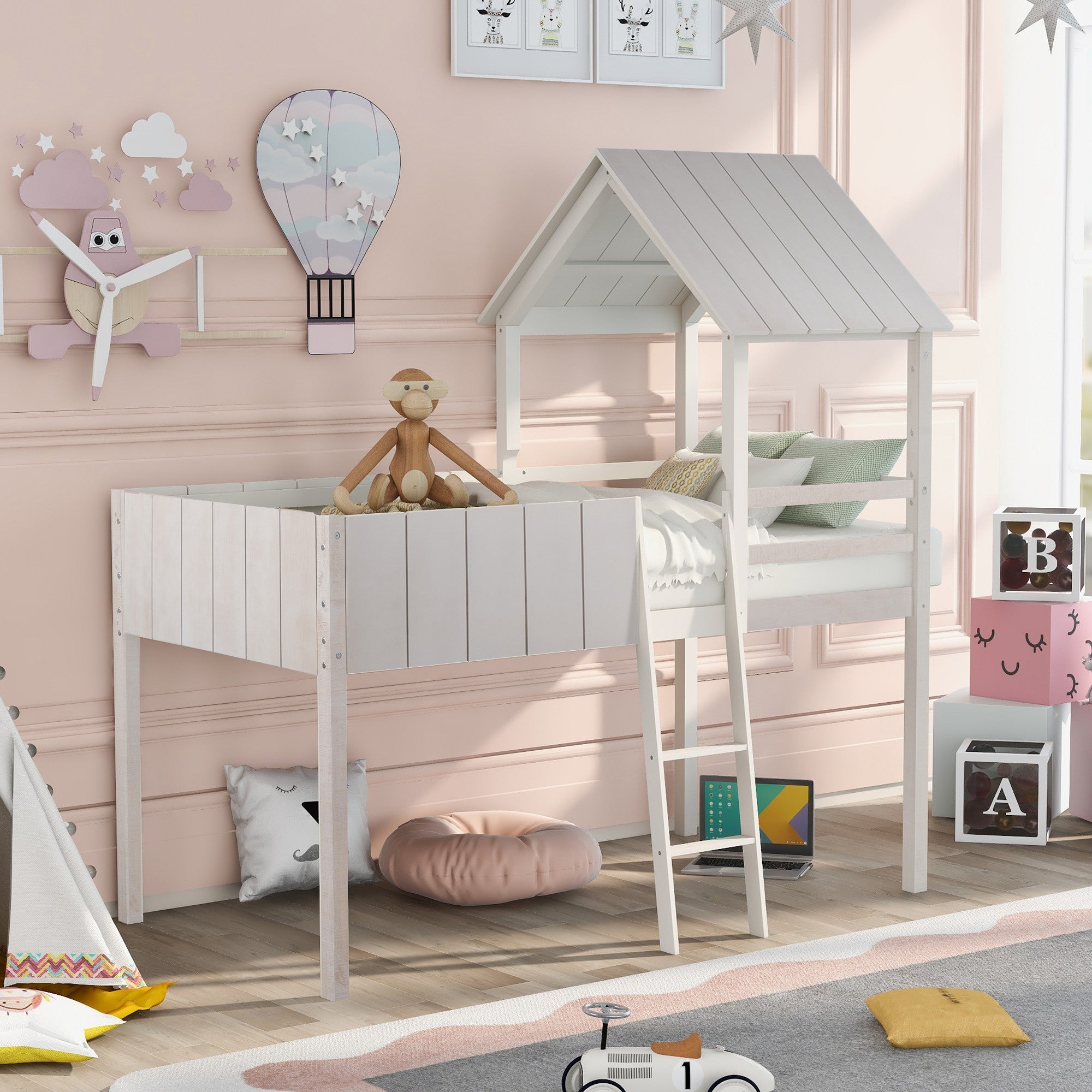 Playhouse Whitewash Twin Size Loft Bed with Roof