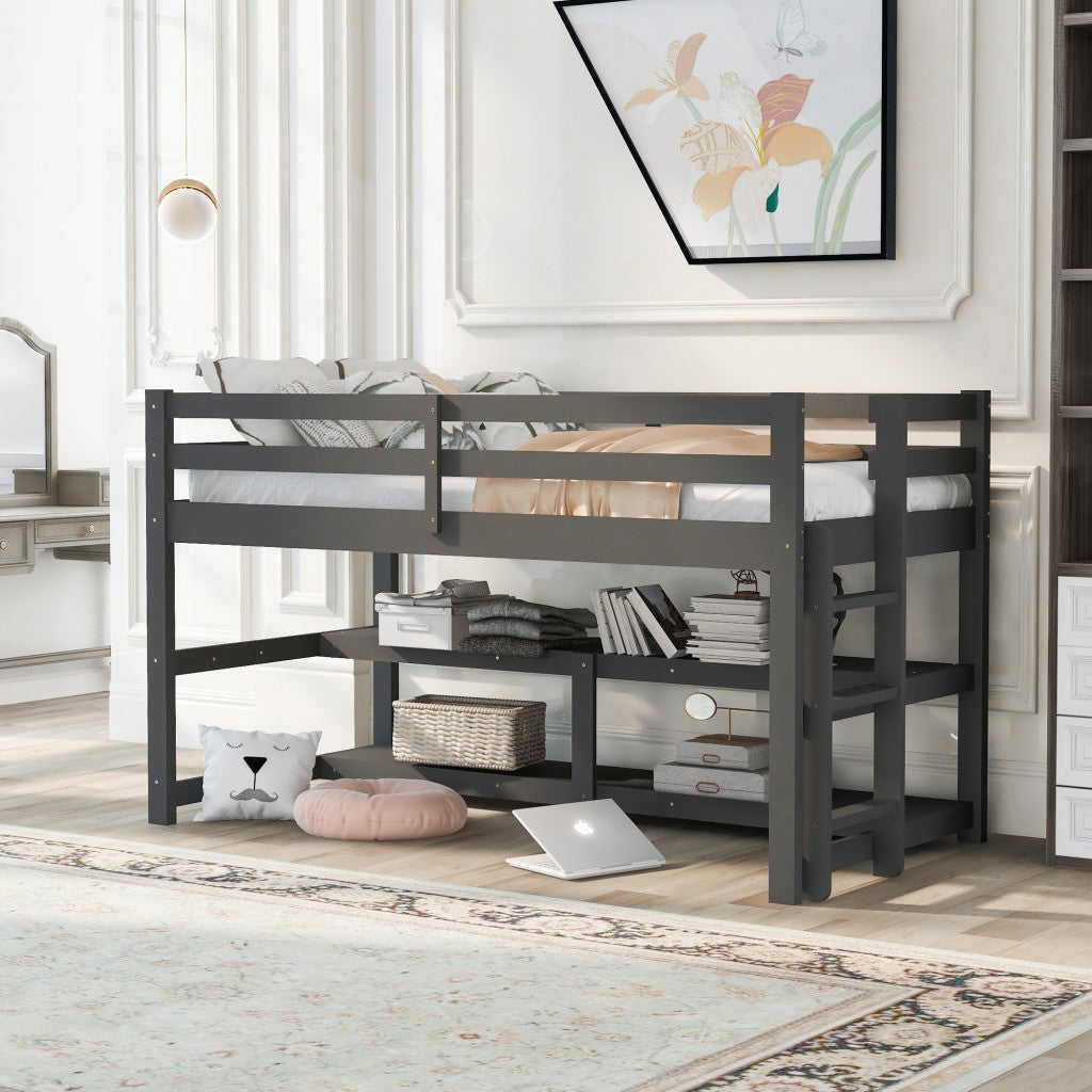 Minimalist Gray Twin Size Loft Bed with Built In Shelves