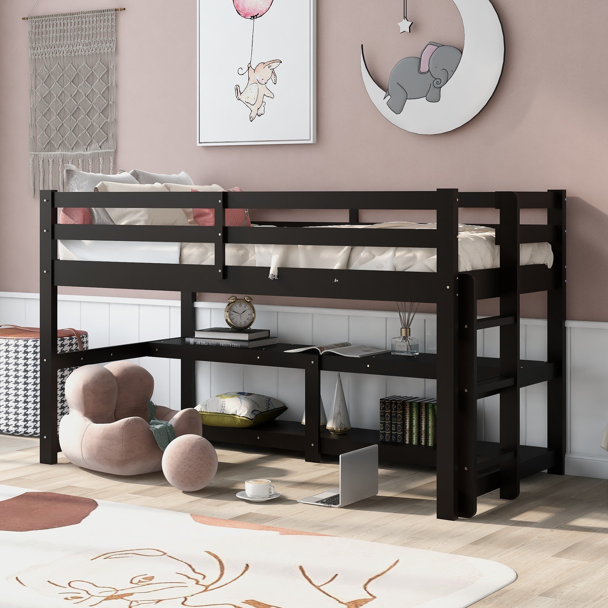 Minimalist Dark Brown Twin Size Loft Bed with Built In Shelves