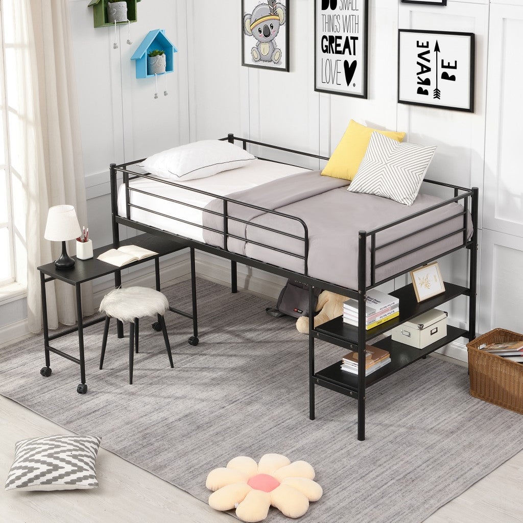 Mod Black Twin Size Metal Loft Bed with Book Shelf and Roll Out Desk