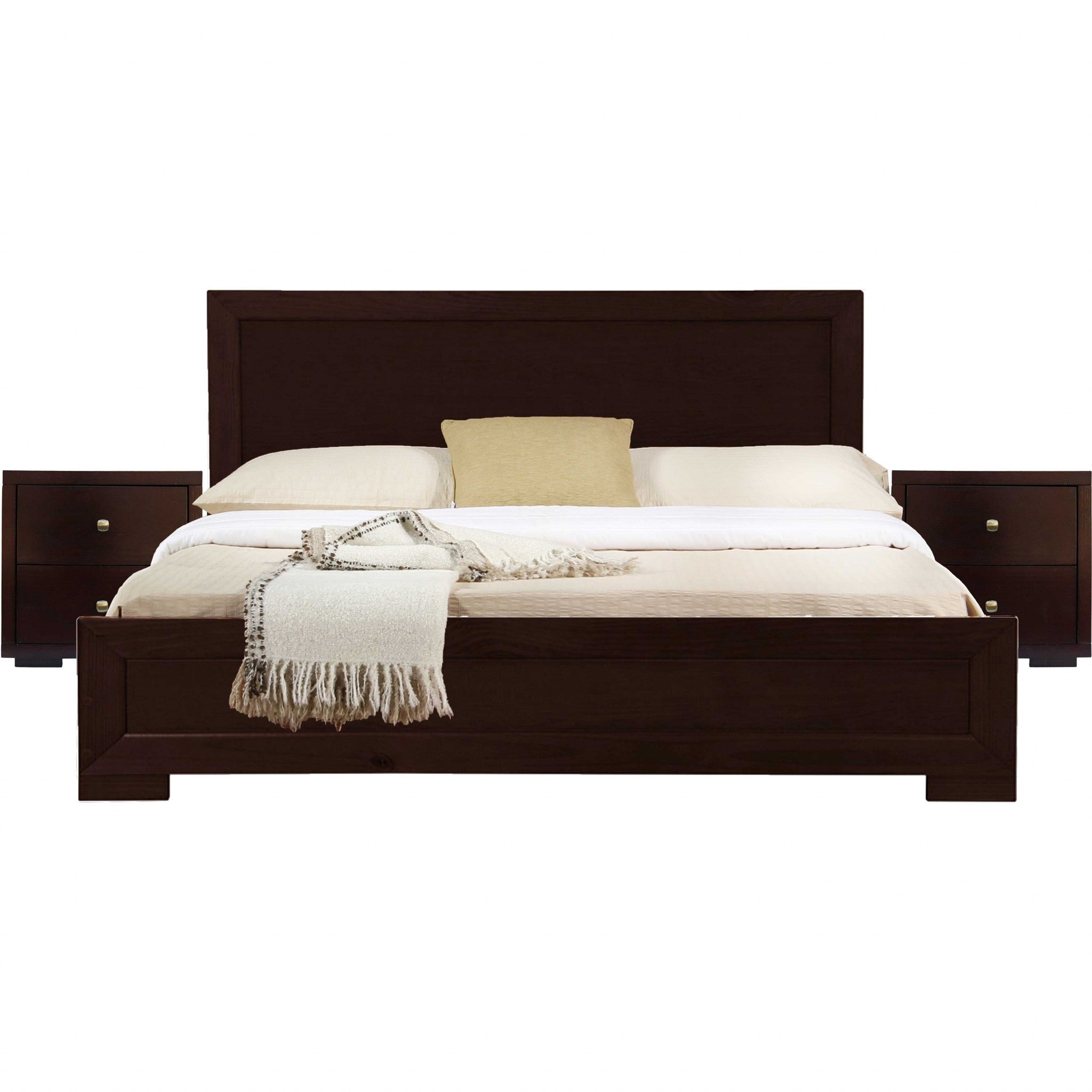 Moma Espresso Wood Platform Queen Bed With Two Nightstands