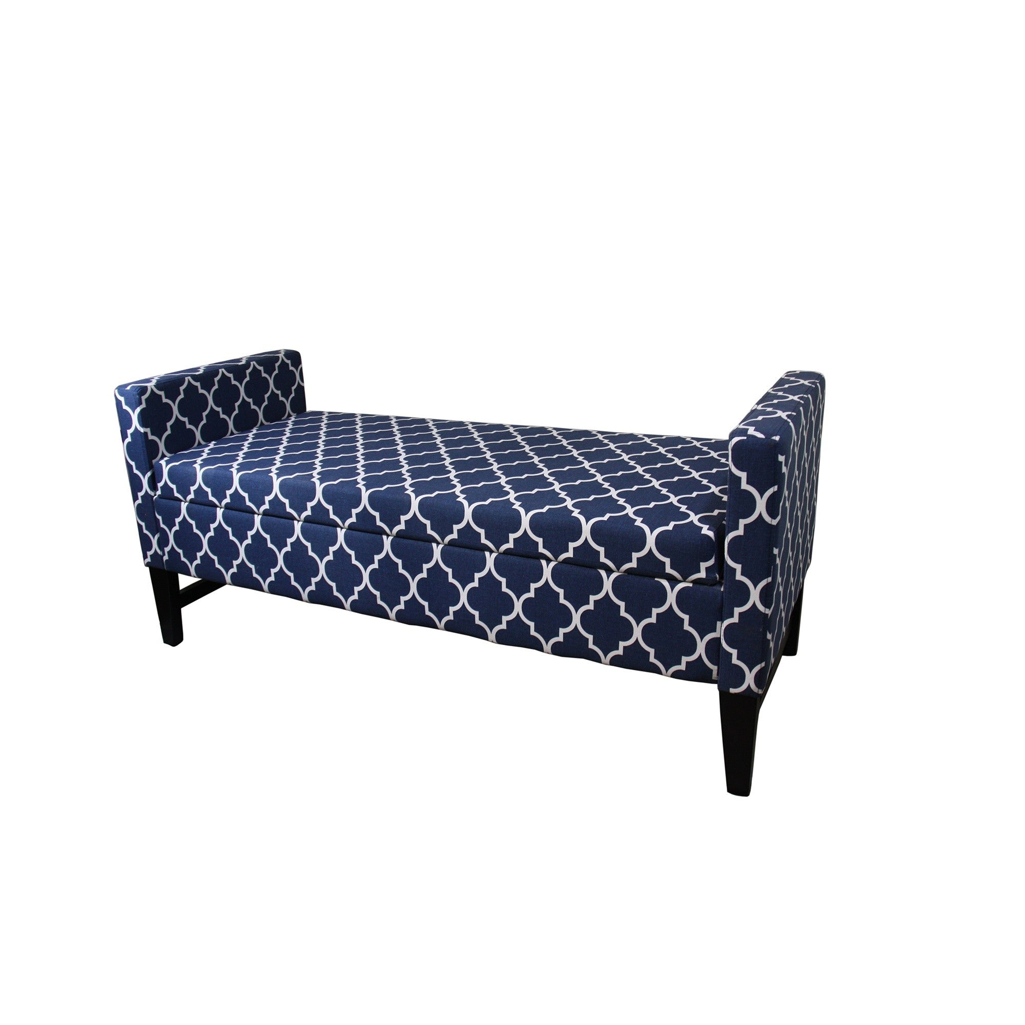 Blue and White Quatrefoil Dark Wood Storage Bench