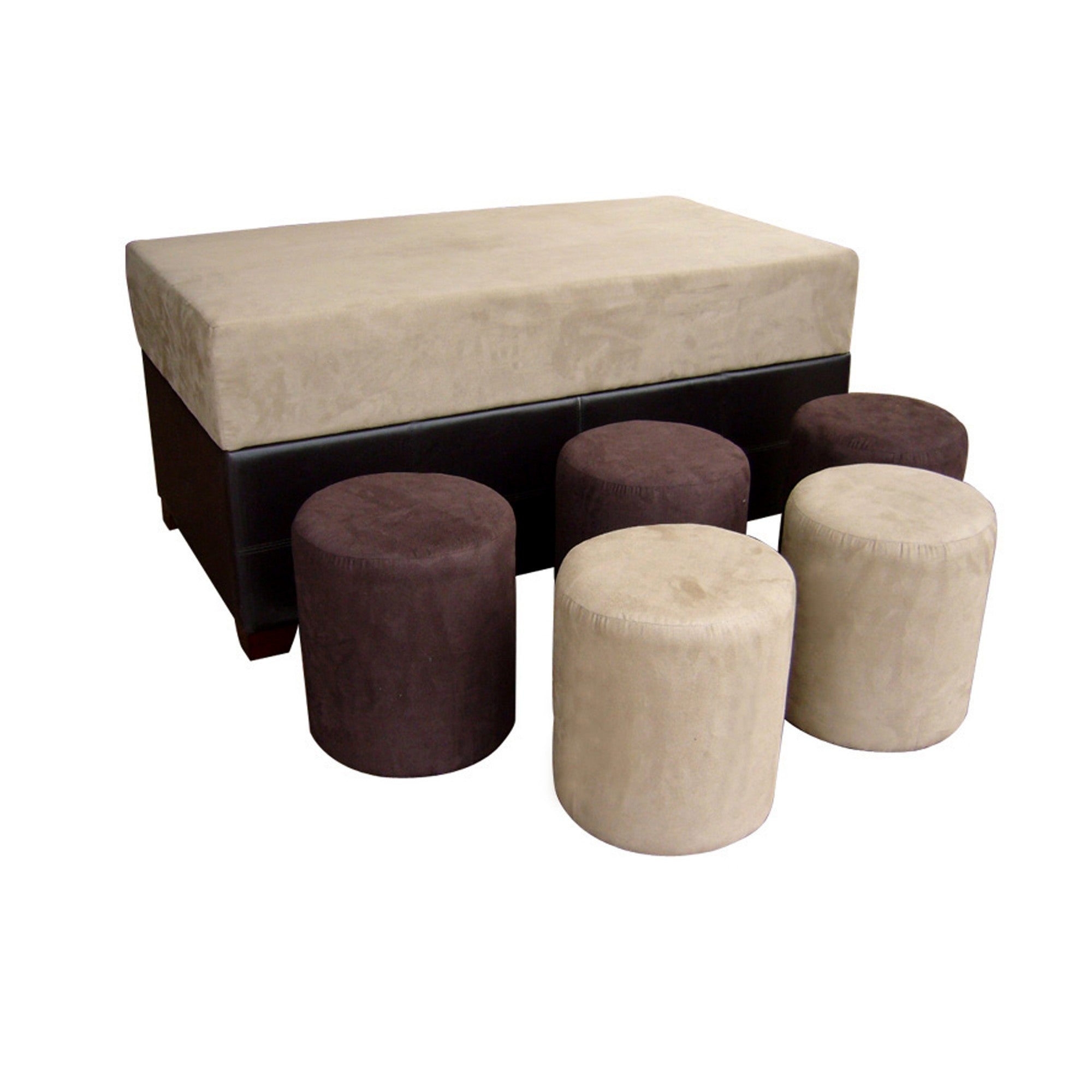 Brown Six Piece Microfiber Storage Bench with Ottomans