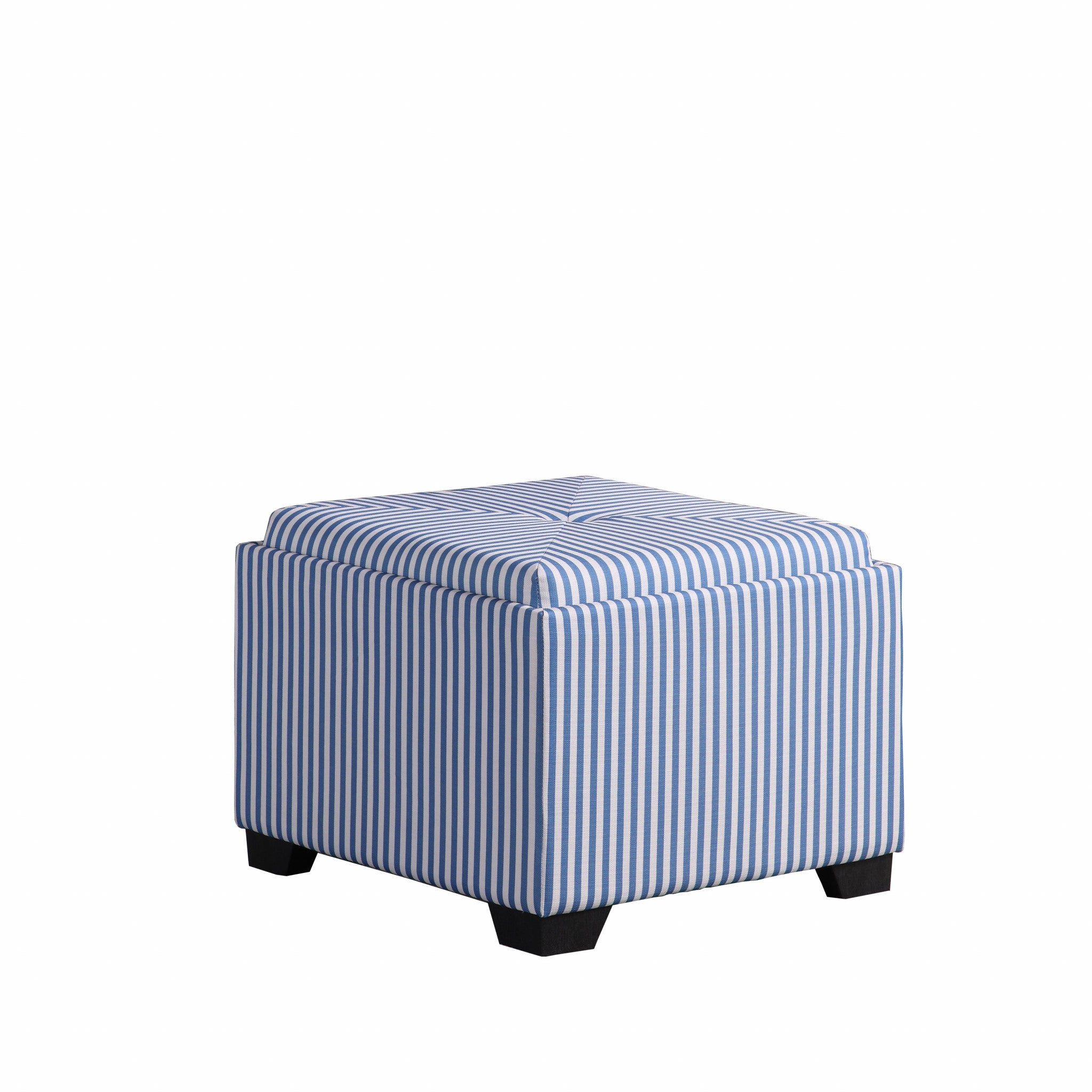 Blue and White Pinstripes Tufted Storage Ottoman