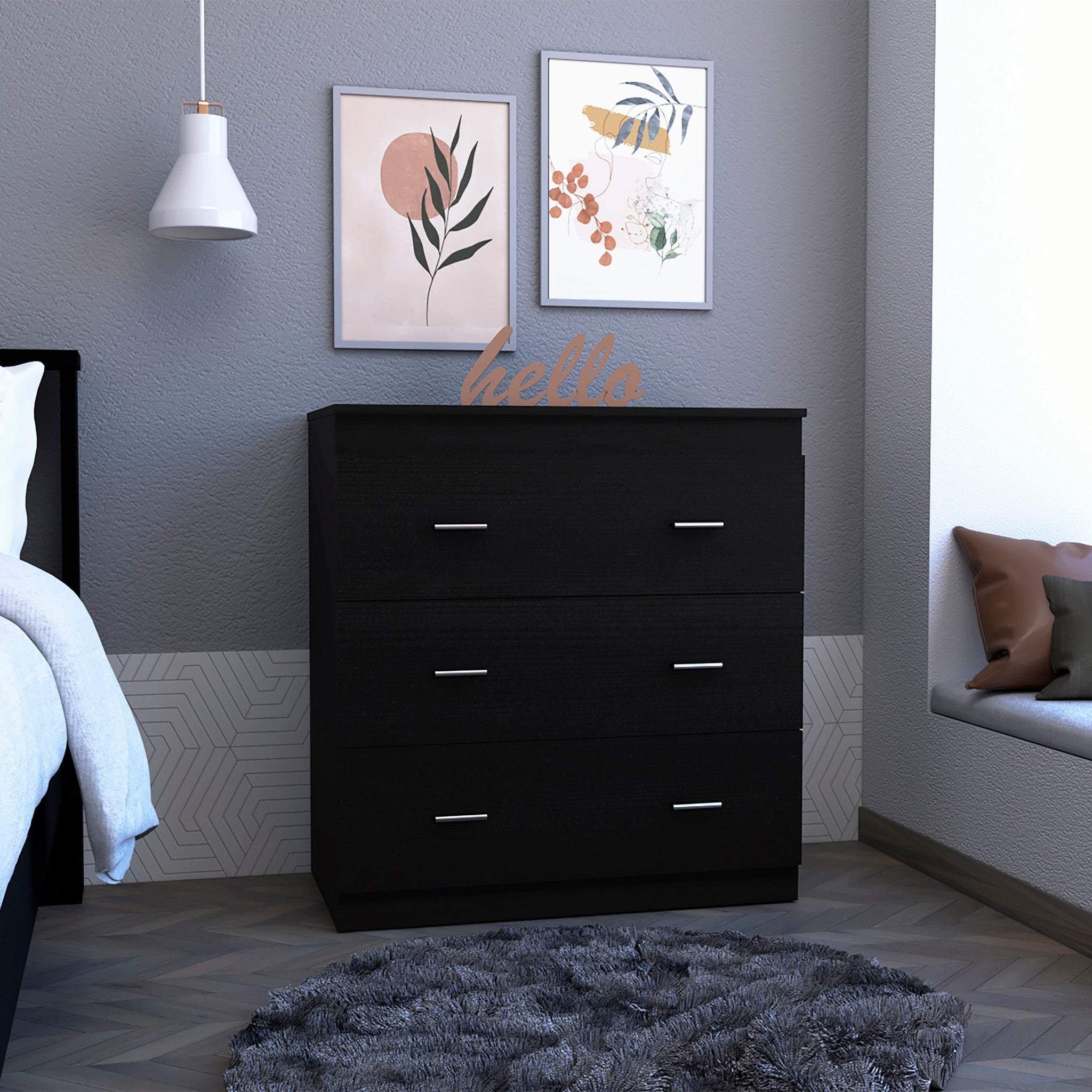 33" Black Three Drawer Dresser