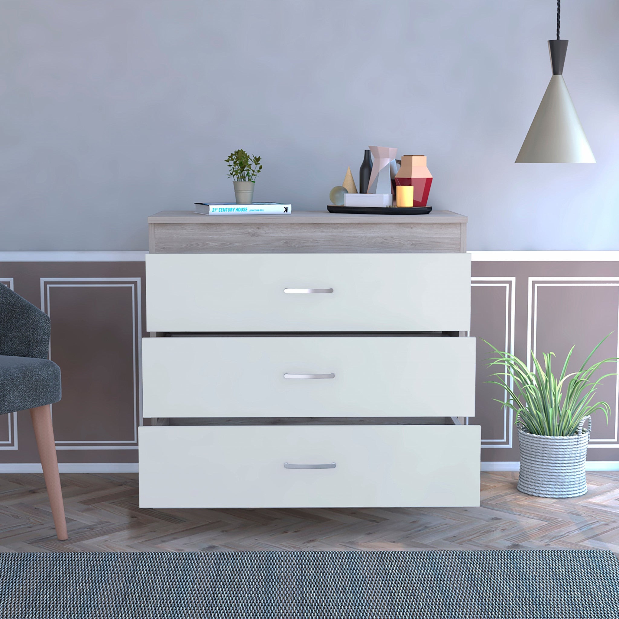 29" Light Gray and White Three Drawer Dresser