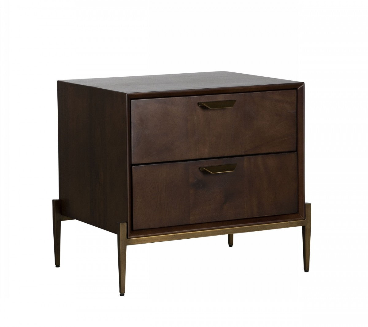 Modern Dark Mango Acacia and Brass Nightstand with Two Drawers