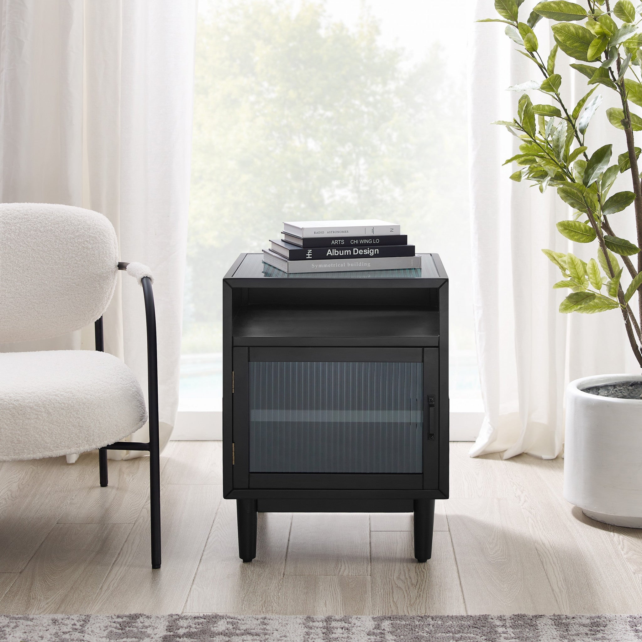 Black Wood and Glass Side Table with Storage Shelves