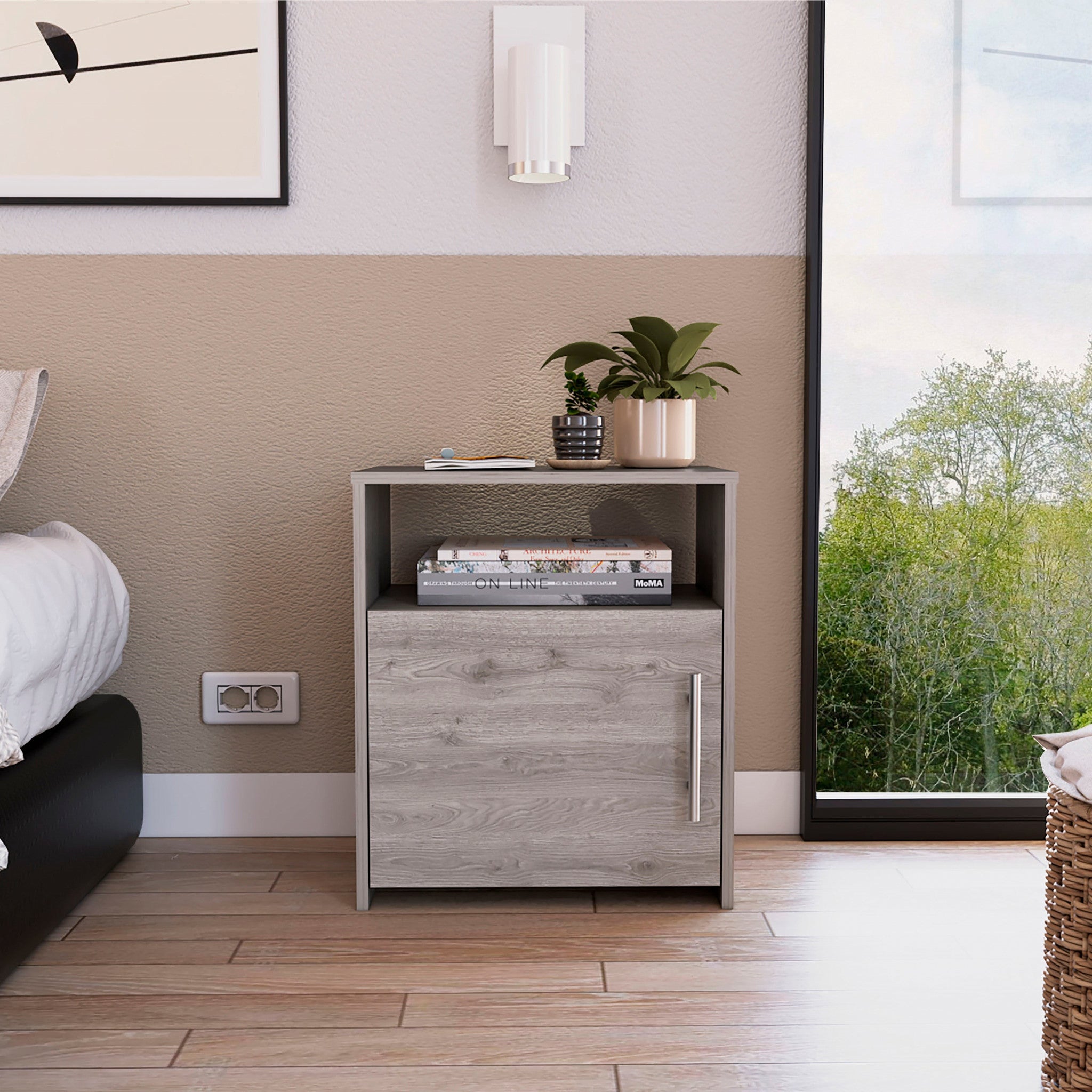 Black Wengue Nightstand with One Door Panel Cabinet