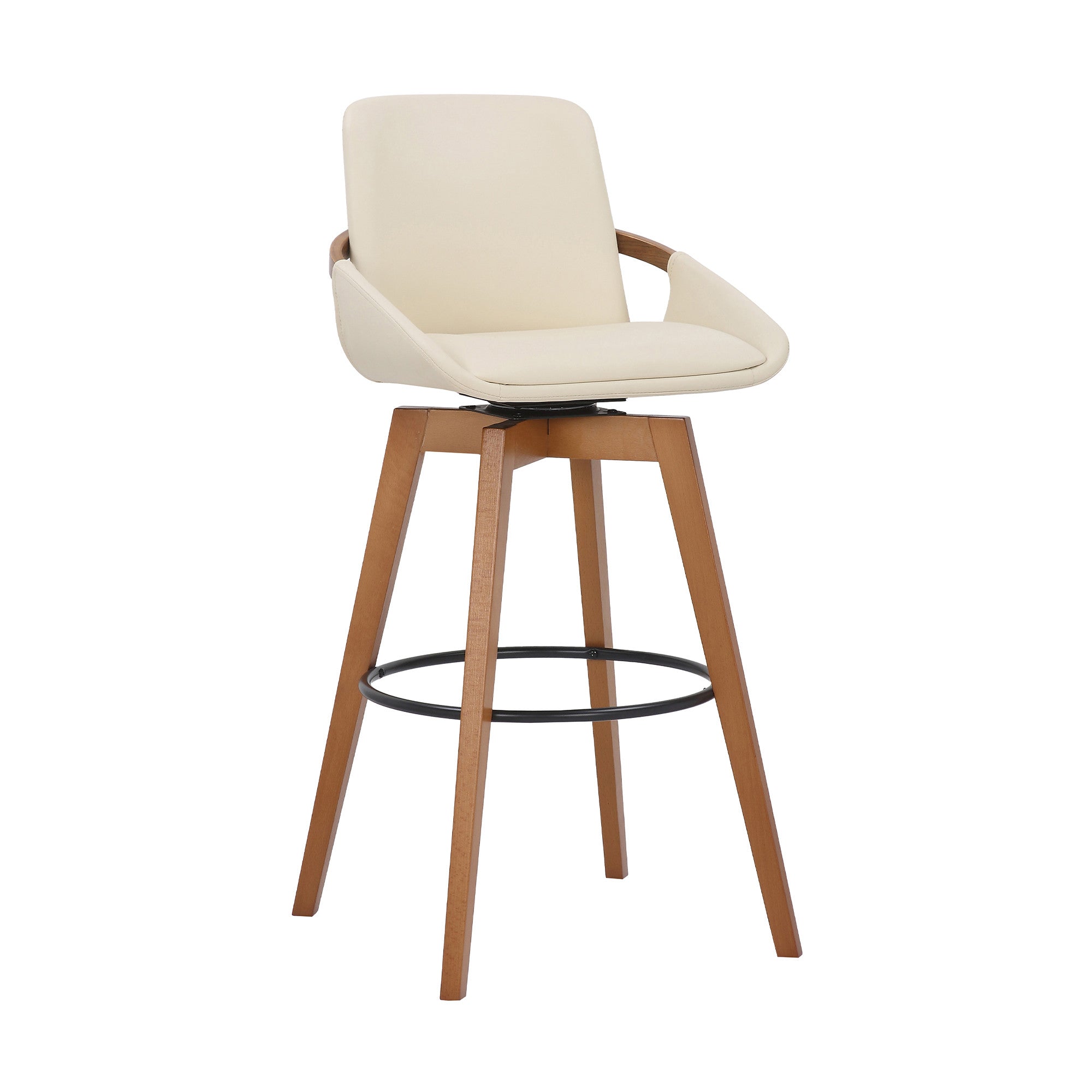 30" Luxurious Cream Faux Leather and Walnut Swivel Bar Stool