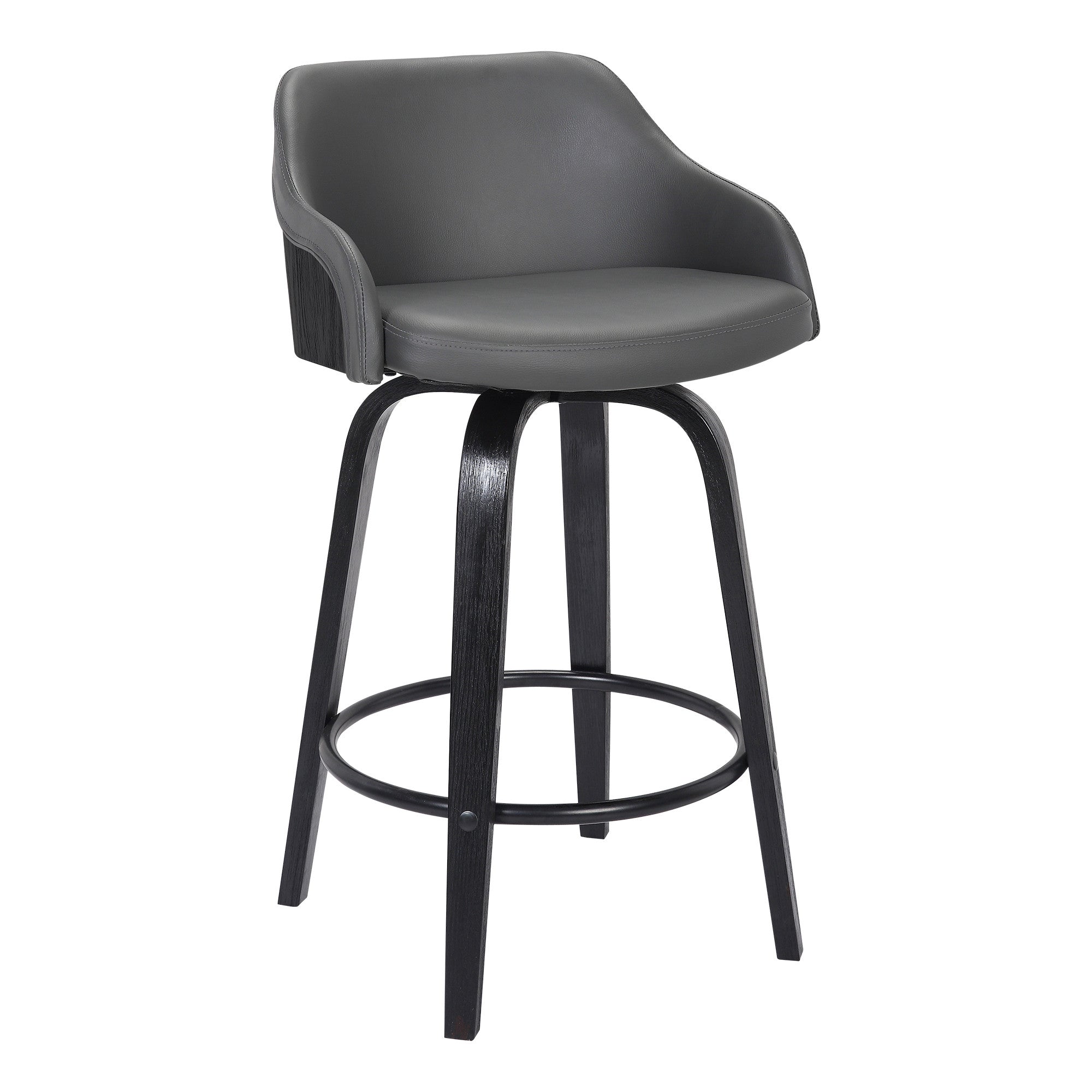 30” Gray Swivel Faux Leather Black Wooden Bar Stool