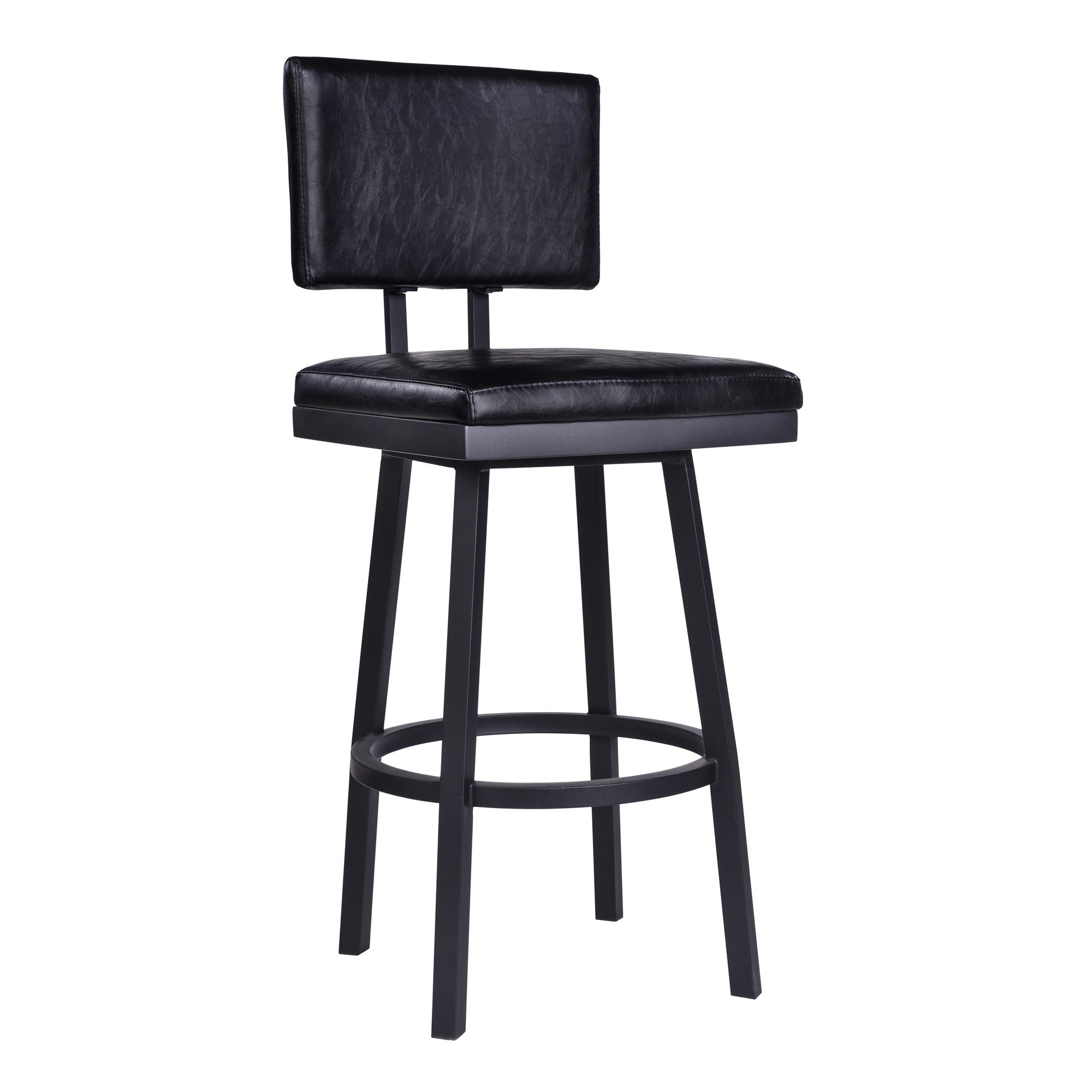 26" Vintage Black on Black Faux Leather Rectangular Swivel Armless Bar Stool