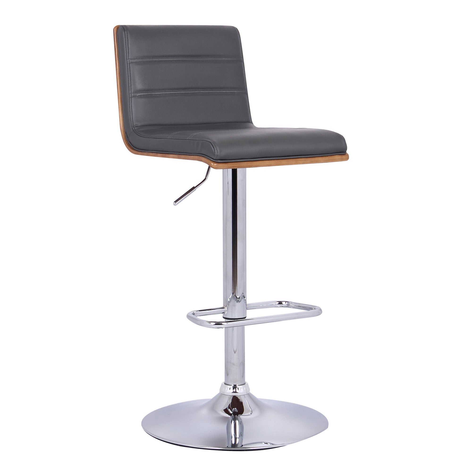 Grey Faux Leather Walnut and Chrome Adjustable Swivel Bar Stool